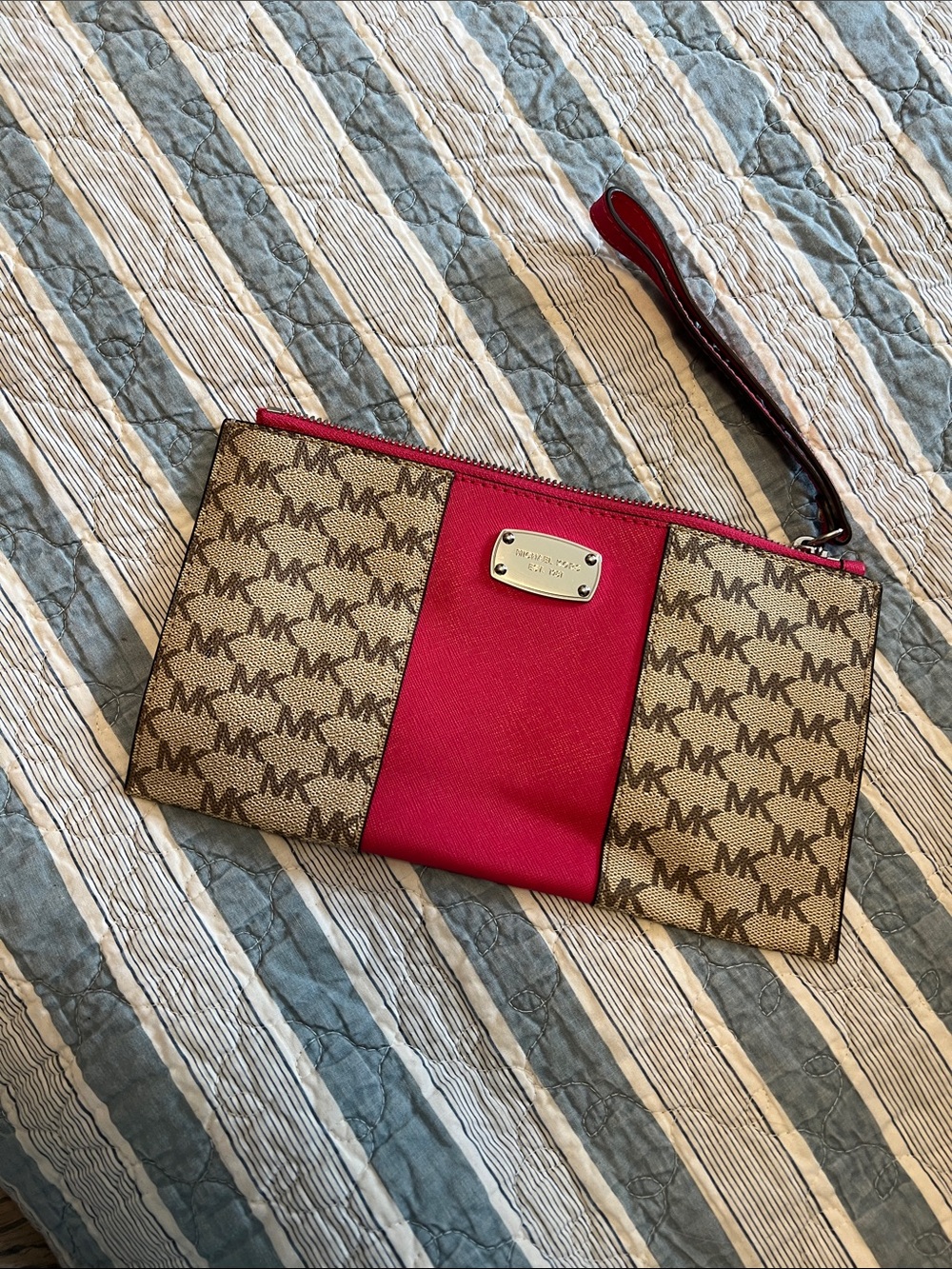 Michael Kors Brown Monogram Wristlet with PINK Center Panel
